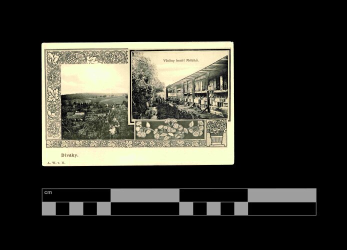 Okénková pohlednice s výjevy z obce Diváky